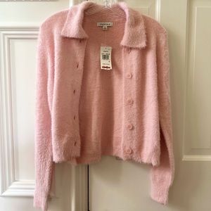 Hooked Up By Iot Eyelash Collared Button-front Cardigan In Romantic Pink